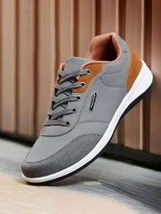 Men'S Solid Color Lace up PU Leather Running Shoes, Casual Comfortable Breathable Anti-Slip & Wear-Resistant Low-Top Sports Shoes, Fashionable Sneakers for Daily Wear