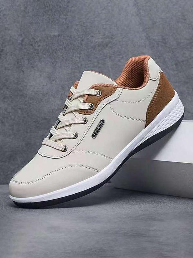 Men'S Solid Color Lace up PU Leather Running Shoes, Casual Comfortable Breathable Anti-Slip & Wear-Resistant Low-Top Sports Shoes, Fashionable Sneakers for Daily Wear