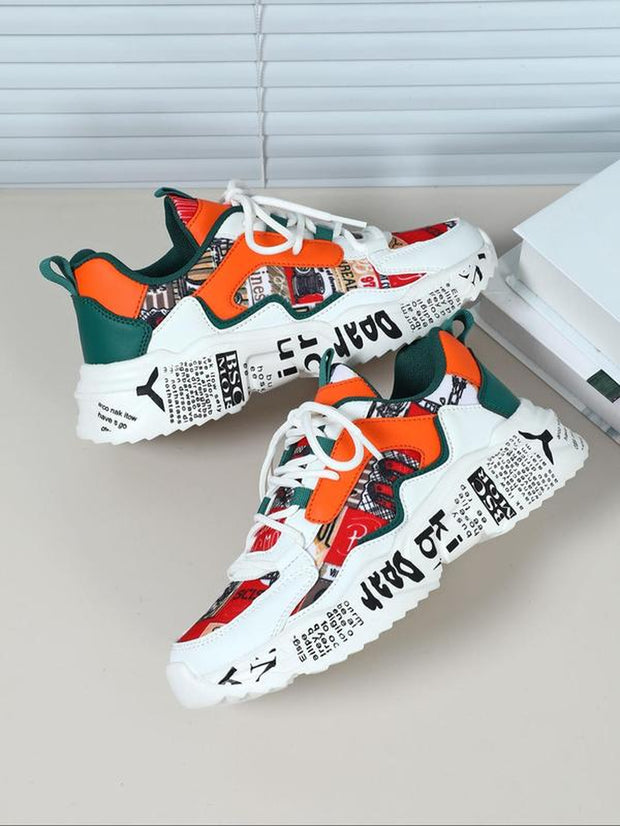 Boho Men'S Fashionable Colorblock Letter Print Lace up Low Top Sneakers, Casual Comfortable Breathable Sports Running Shoes, Male All-Match round Toe Chunky Sneakers for Daily Life Shoes for Men Casual Shoes Athletic Sneakers