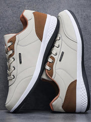 Men'S Solid Color Lace up PU Leather Running Shoes, Casual Comfortable Breathable Anti-Slip & Wear-Resistant Low-Top Sports Shoes, Fashionable Sneakers for Daily Wear