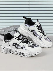 Boho Men'S Fashionable Colorblock Letter Print Lace up Low Top Sneakers, Casual Comfortable Breathable Sports Running Shoes, Male All-Match round Toe Chunky Sneakers for Daily Life Shoes for Men Casual Shoes Athletic Sneakers