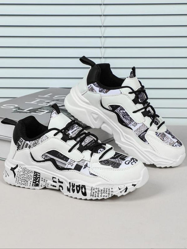 Boho Men'S Fashionable Colorblock Letter Print Lace up Low Top Sneakers, Casual Comfortable Breathable Sports Running Shoes, Male All-Match round Toe Chunky Sneakers for Daily Life Shoes for Men Casual Shoes Athletic Sneakers