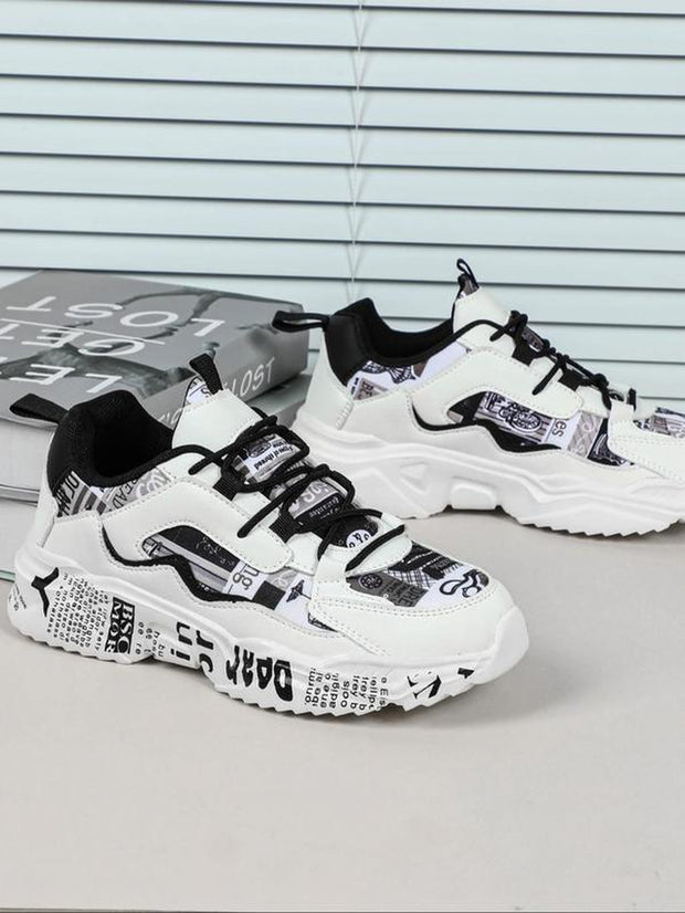 Boho Men'S Fashionable Colorblock Letter Print Lace up Low Top Sneakers, Casual Comfortable Breathable Sports Running Shoes, Male All-Match round Toe Chunky Sneakers for Daily Life Shoes for Men Casual Shoes Athletic Sneakers