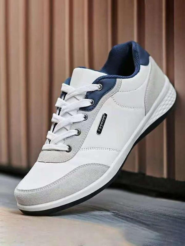 Men'S Solid Color Lace up PU Leather Running Shoes, Casual Comfortable Breathable Anti-Slip & Wear-Resistant Low-Top Sports Shoes, Fashionable Sneakers for Daily Wear