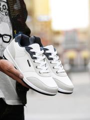 Men'S Solid Color Lace up PU Leather Running Shoes, Casual Comfortable Breathable Anti-Slip & Wear-Resistant Low-Top Sports Shoes, Fashionable Sneakers for Daily Wear