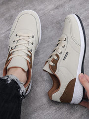 Men'S Solid Color Lace up PU Leather Running Shoes, Casual Comfortable Breathable Anti-Slip & Wear-Resistant Low-Top Sports Shoes, Fashionable Sneakers for Daily Wear