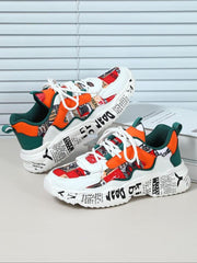 Boho Men'S Fashionable Colorblock Letter Print Lace up Low Top Sneakers, Casual Comfortable Breathable Sports Running Shoes, Male All-Match round Toe Chunky Sneakers for Daily Life Shoes for Men Casual Shoes Athletic Sneakers