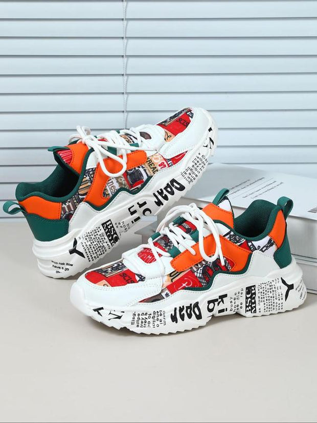 Boho Men'S Fashionable Colorblock Letter Print Lace up Low Top Sneakers, Casual Comfortable Breathable Sports Running Shoes, Male All-Match round Toe Chunky Sneakers for Daily Life Shoes for Men Casual Shoes Athletic Sneakers