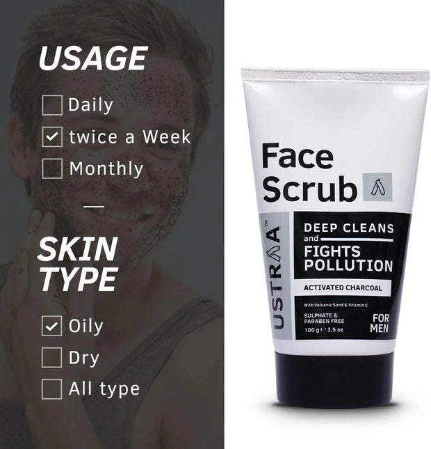 Men's Exfoliating Face Scrub - 100G - Featuring Activated Charcoal, Tahitian Volcanic Sand & Walnut Granules - Ideal for Skin Detoxification for All Skin Types