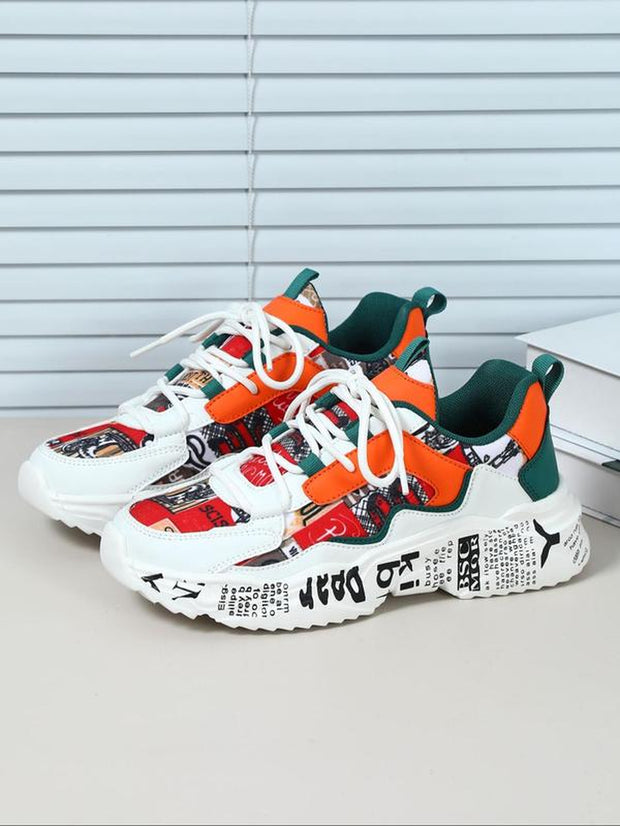 Boho Men'S Fashionable Colorblock Letter Print Lace up Low Top Sneakers, Casual Comfortable Breathable Sports Running Shoes, Male All-Match round Toe Chunky Sneakers for Daily Life Shoes for Men Casual Shoes Athletic Sneakers