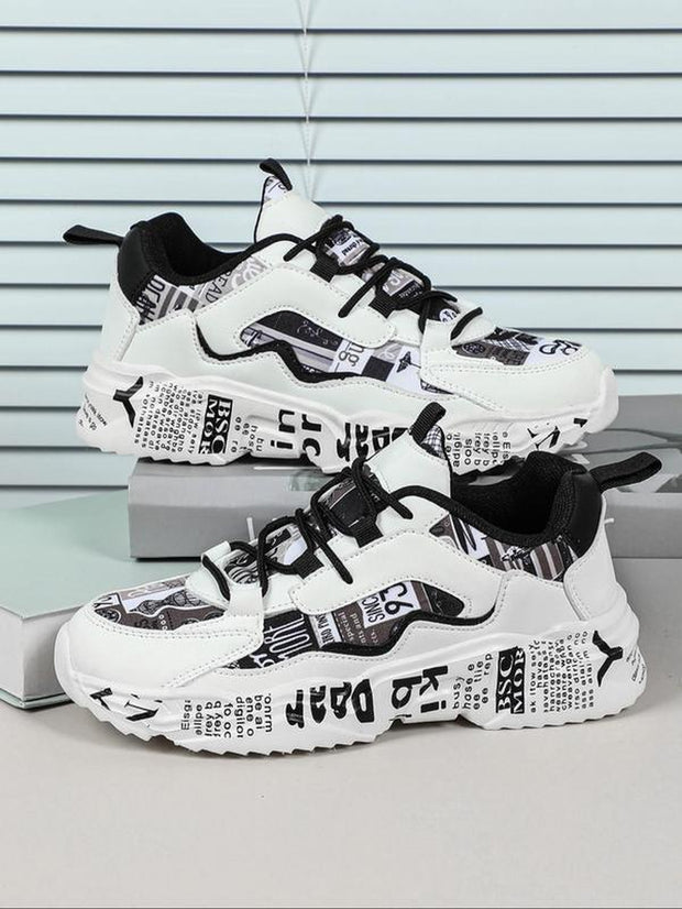 Boho Men'S Fashionable Colorblock Letter Print Lace up Low Top Sneakers, Casual Comfortable Breathable Sports Running Shoes, Male All-Match round Toe Chunky Sneakers for Daily Life Shoes for Men Casual Shoes Athletic Sneakers