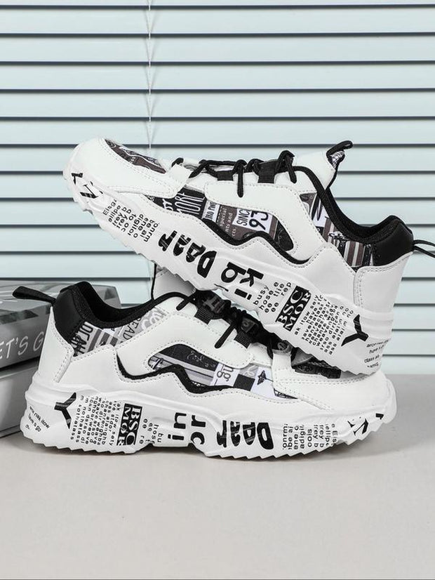 Boho Men'S Fashionable Colorblock Letter Print Lace up Low Top Sneakers, Casual Comfortable Breathable Sports Running Shoes, Male All-Match round Toe Chunky Sneakers for Daily Life Shoes for Men Casual Shoes Athletic Sneakers